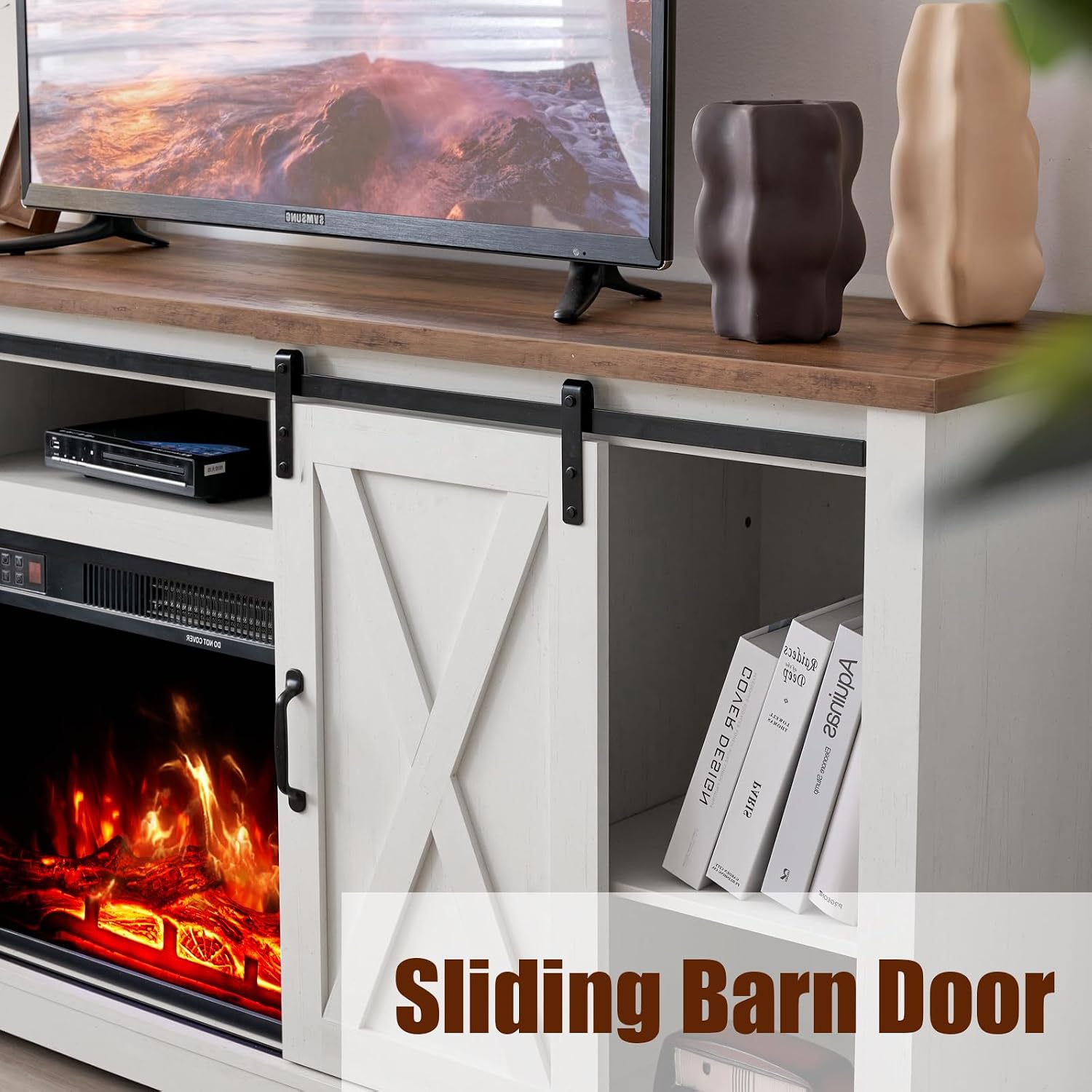 AMERLIFE Fireplace TV Stand with Sliding Barn Door for TVs up to 73', Farmhouse 63' Fireplace Entertainment Center with Storage Cabinets/Adjustable Shelves, Distressed White & Barnwood