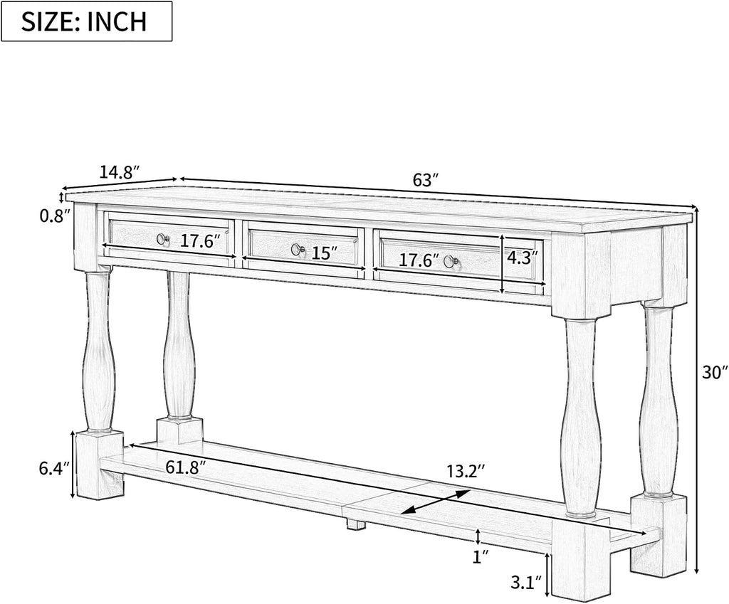 Merax LUMISOL 64 inch Long Console Sofa Table with 3 Drawers and Bottom Shelf, Hallway Table Entryway Table for Living Room, Easy Assembly (Antique White).