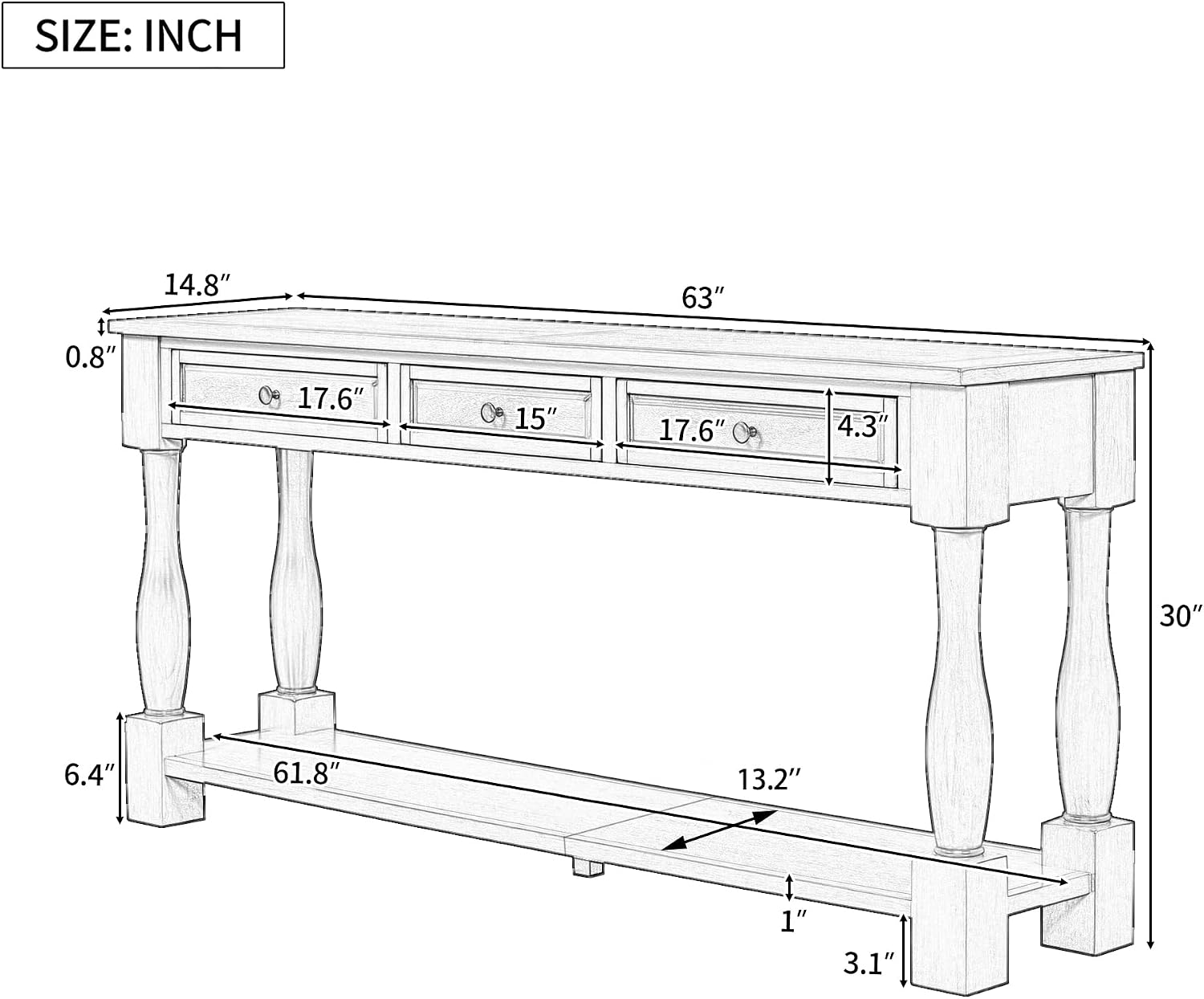 Merax LUMISOL 64 inch Long Console Sofa Table with 3 Drawers and Bottom Shelf, Hallway Table Entryway Table for Living Room, Easy Assembly (Antique White).