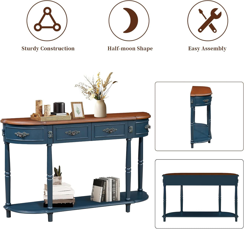 Retro Curved Console Table, 52' Half Moon Sofa Entryway With 2 Drawers 1 Open Shelf, Solid Pine Legs for Living Room, Hallway, Navy Blue