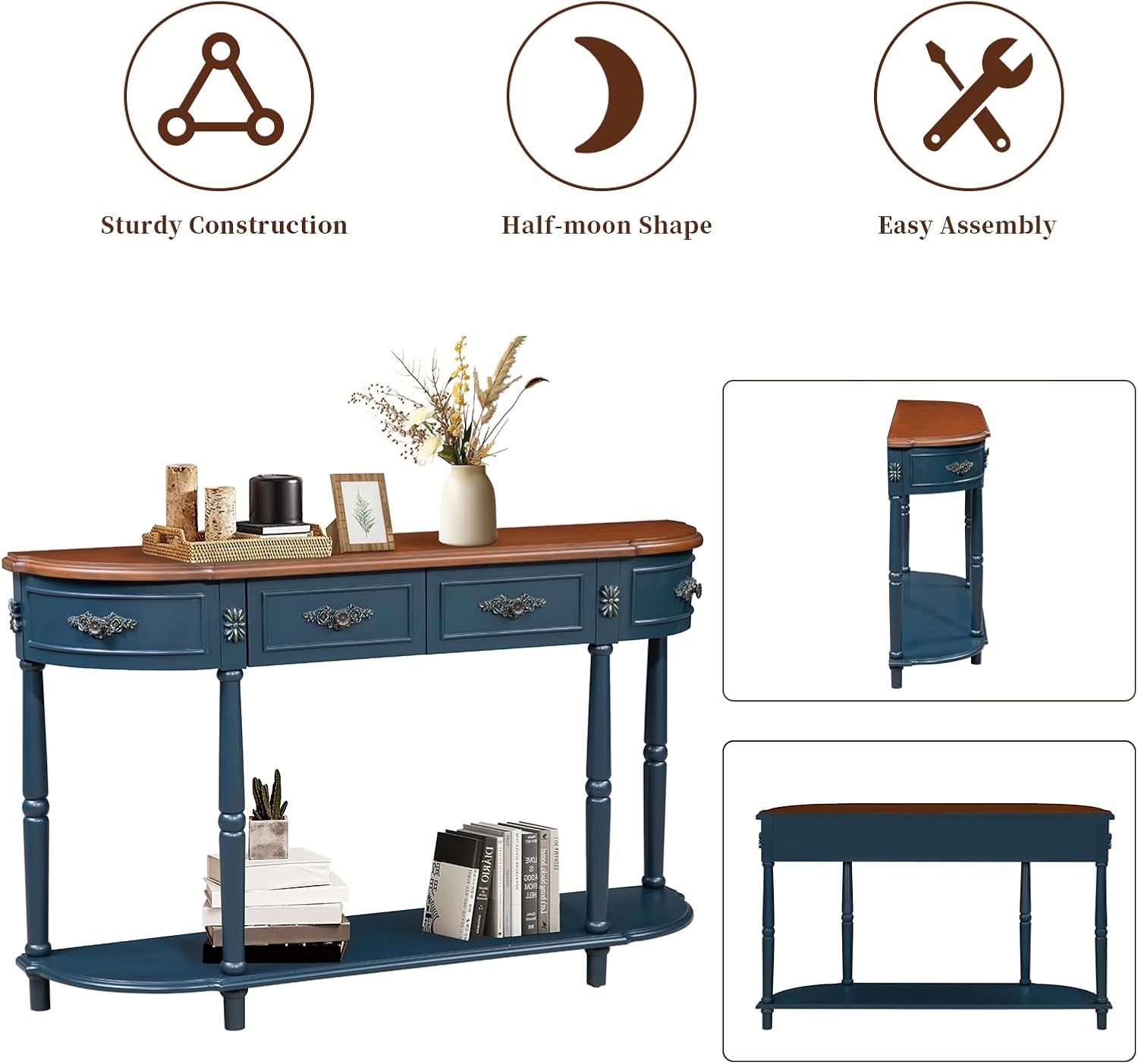 Retro Curved Console Table, 52' Half Moon Sofa Entryway With 2 Drawers 1 Open Shelf, Solid Pine Legs for Living Room, Hallway, Navy Blue