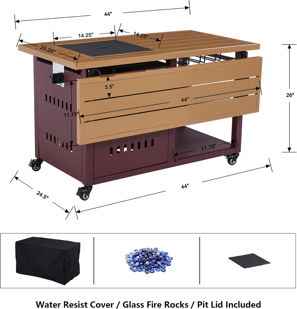 44' Propane Fire Pit, Outdoor Fire Pit Table with Cover, Outdoor Fireplace Gas Fire Pits for Outside Patio, Rectangular Firepit Table with Lid and Glass Rocks for Indoor/Deck/Backyard, Red