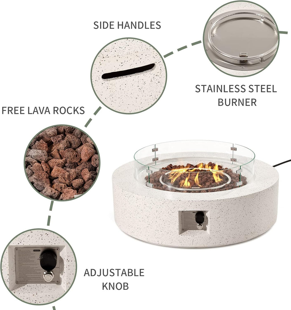 COSIEST Outdoor Propane Fire Pit Coffee Table w Beige 42 inch Round Base Patio Heater, Certified, 50,000 BTU Stainless Steel Burner, Wind Guard, Tank Outside, Free Lava Rocks, Waterproof Cover