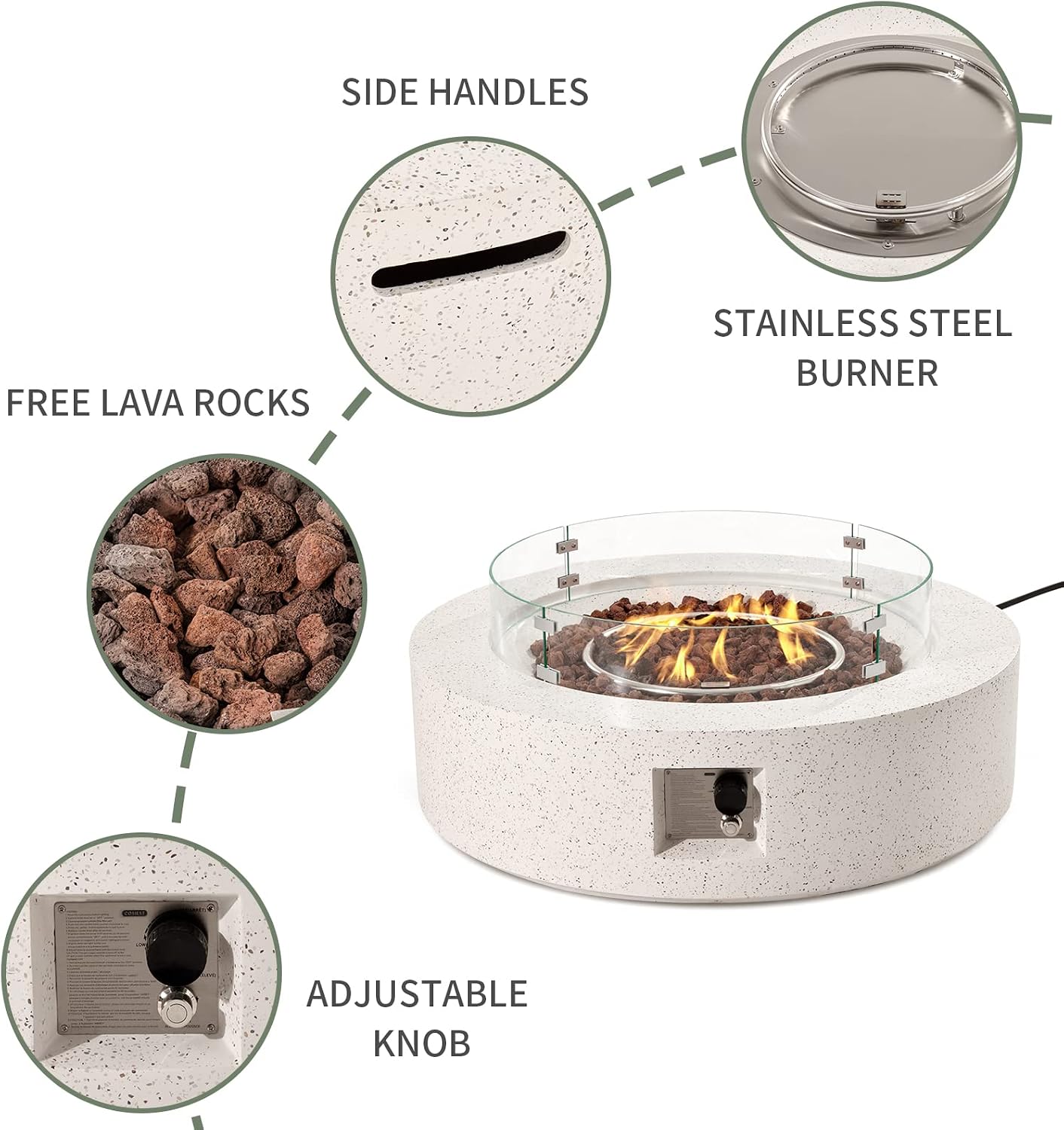 COSIEST Outdoor Propane Fire Pit Coffee Table w Beige 42 inch Round Base Patio Heater, Certified, 50,000 BTU Stainless Steel Burner, Wind Guard, Tank Outside, Free Lava Rocks, Waterproof Cover