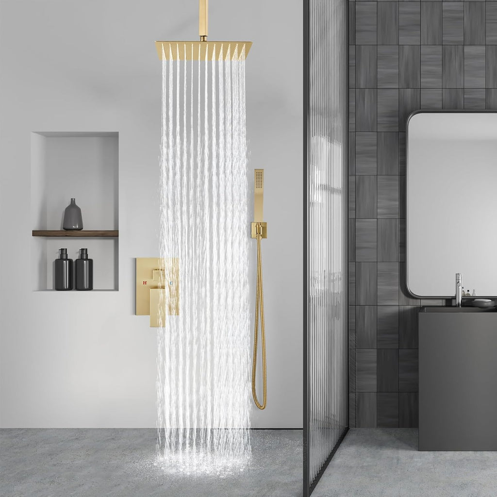 Aolemi Ceiling Mount Shower System Rain Shower Head with Handheld Spray High Pressure Shower Faucet Set Rough-in Valve Shower Trim Kit Included Bathroom Brushed Gold 10 Inch Ceiling Shower Head