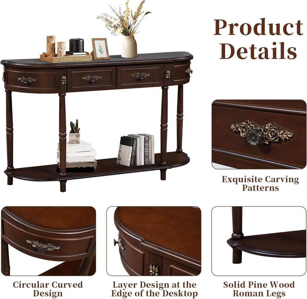 Retro Curved Console Table, 52' Half Moon Console Table Sofa Table Entryway Table with 2 Drawers 1 Open Shelf Solid Pine Legs for Living Room,Entryway,Hallway,Espresso