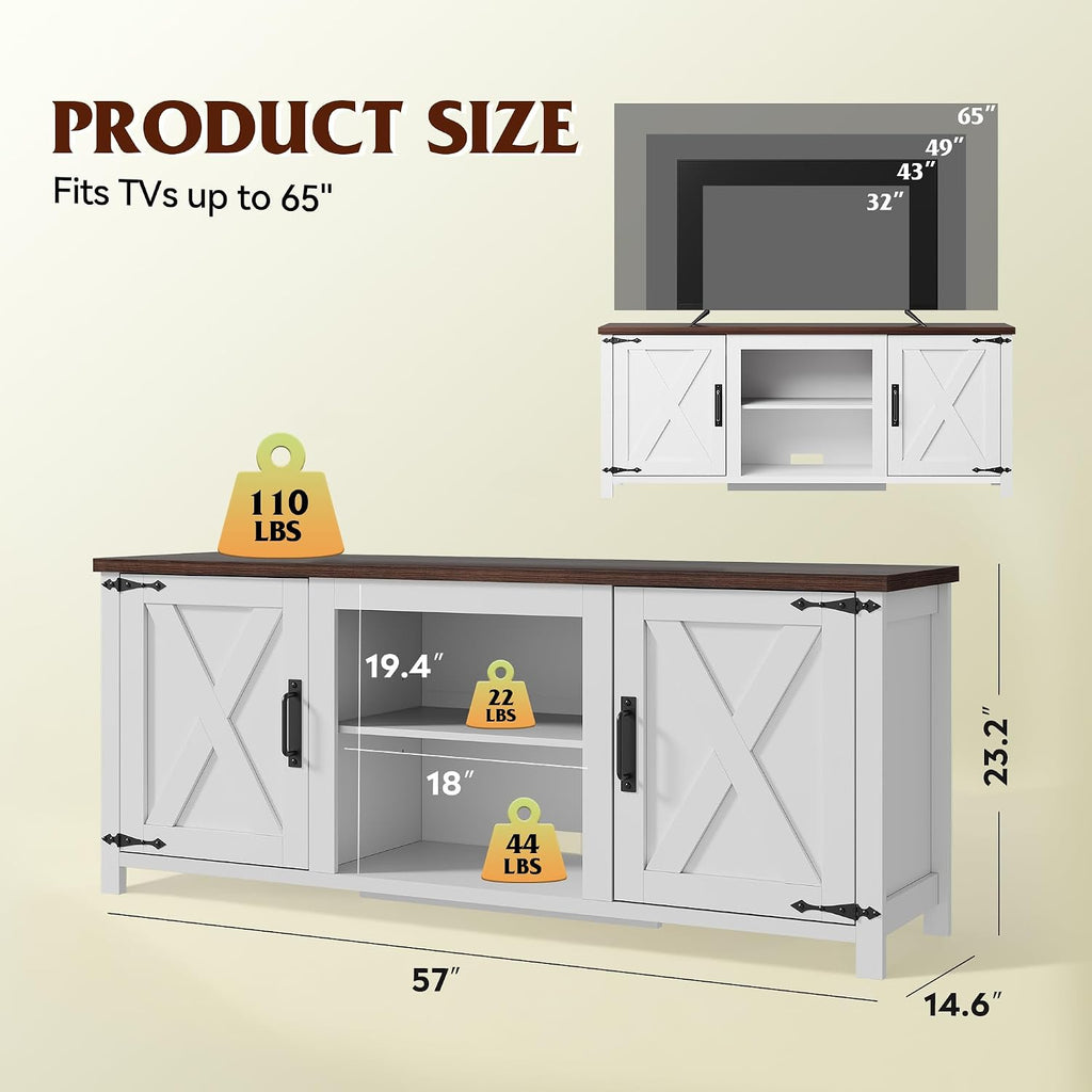 WLIVE Modern Farmhouse TV Stand for TVs up to 65', Entertainment Center with X-Shaped Barn Doors, Large Storage Media TV Console with Adjustable Shelves & Cable Holes for Living Room, White