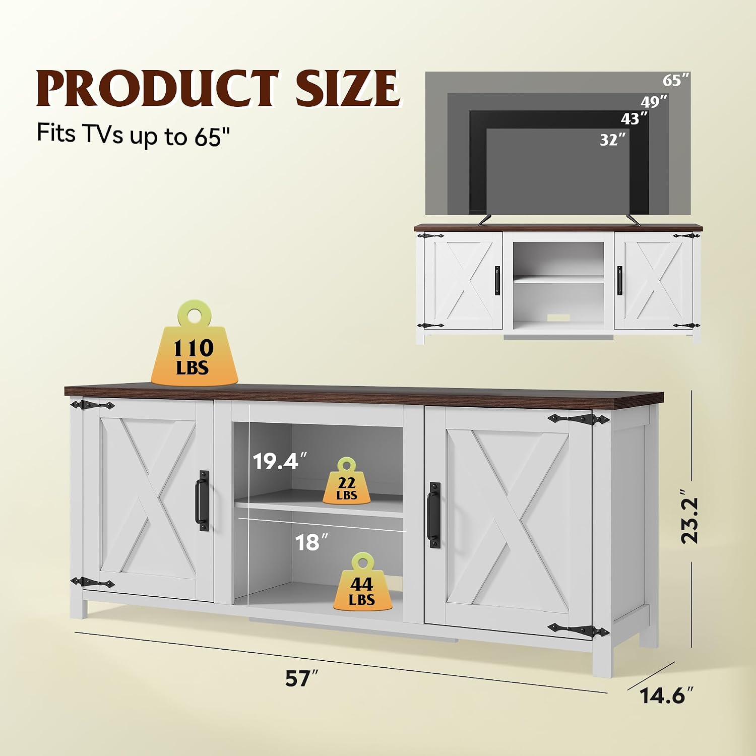 WLIVE Modern Farmhouse TV Stand for TVs up to 65', Entertainment Center with X-Shaped Barn Doors, Large Storage Media TV Console with Adjustable Shelves & Cable Holes for Living Room, White