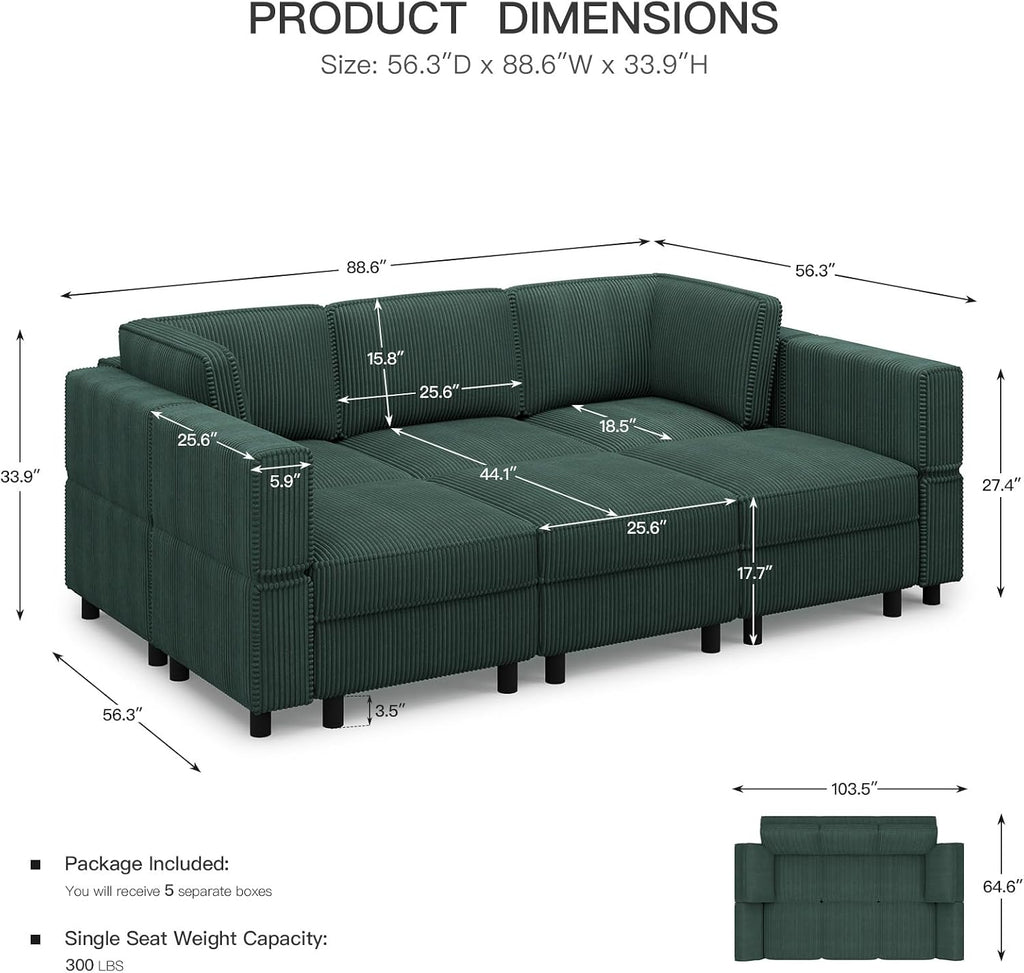 Belffin Modular Sectional Sofa with Deep Storage Seat,Corduroy Sectional Couch 6 Seat Modular Sleeper Sofa Couch,Green
