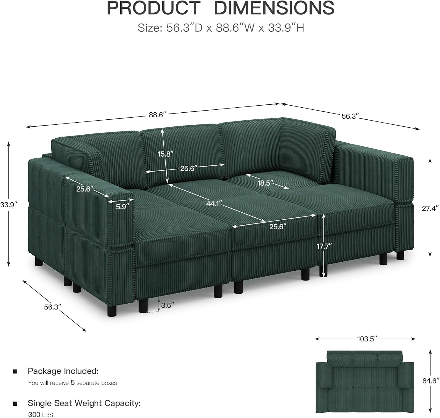 Belffin Modular Sectional Sofa with Deep Storage Seat,Corduroy Sectional Couch 6 Seat Modular Sleeper Sofa Couch,Green