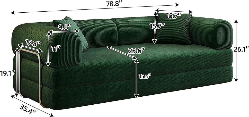 Ball & Cast 78.8' Compressed Modular Sofa Bed, No-Assembly Convertible Floor Futon Couch with Pillow Backrest & Armrest Support, Boneless Corduroy Sleeper Sofa for Living Room & Bedroom, Green