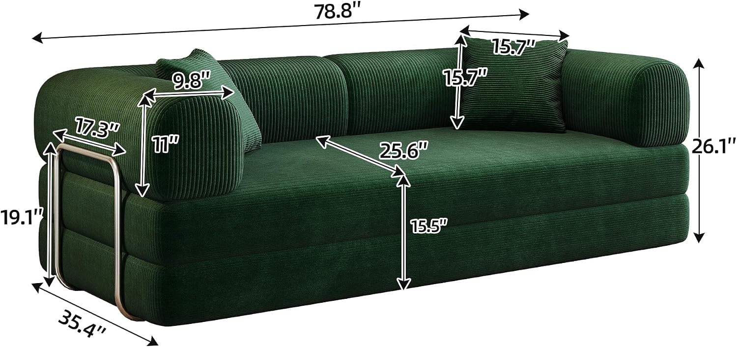 Ball & Cast 78.8' Compressed Modular Sofa Bed, No-Assembly Convertible Floor Futon Couch with Pillow Backrest & Armrest Support, Boneless Corduroy Sleeper Sofa for Living Room & Bedroom, Green