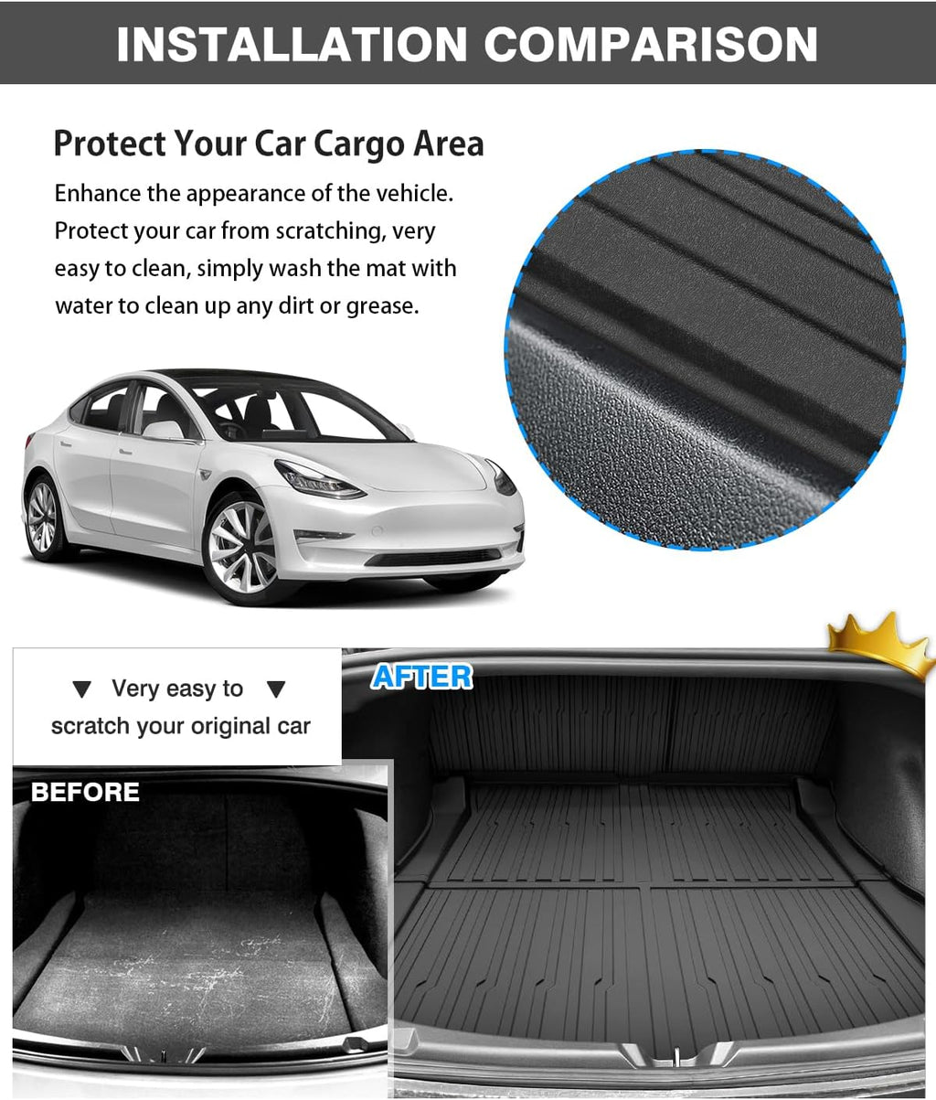 Powerty Floor Mats for 2024 2025 2026 Tesla Model 3 Highland 8 PCS Floor Cargo Liners Full Set All Weather TPE 3D 2 Row Liner Front Rear Storage Mat and Rear Seat Back Mats