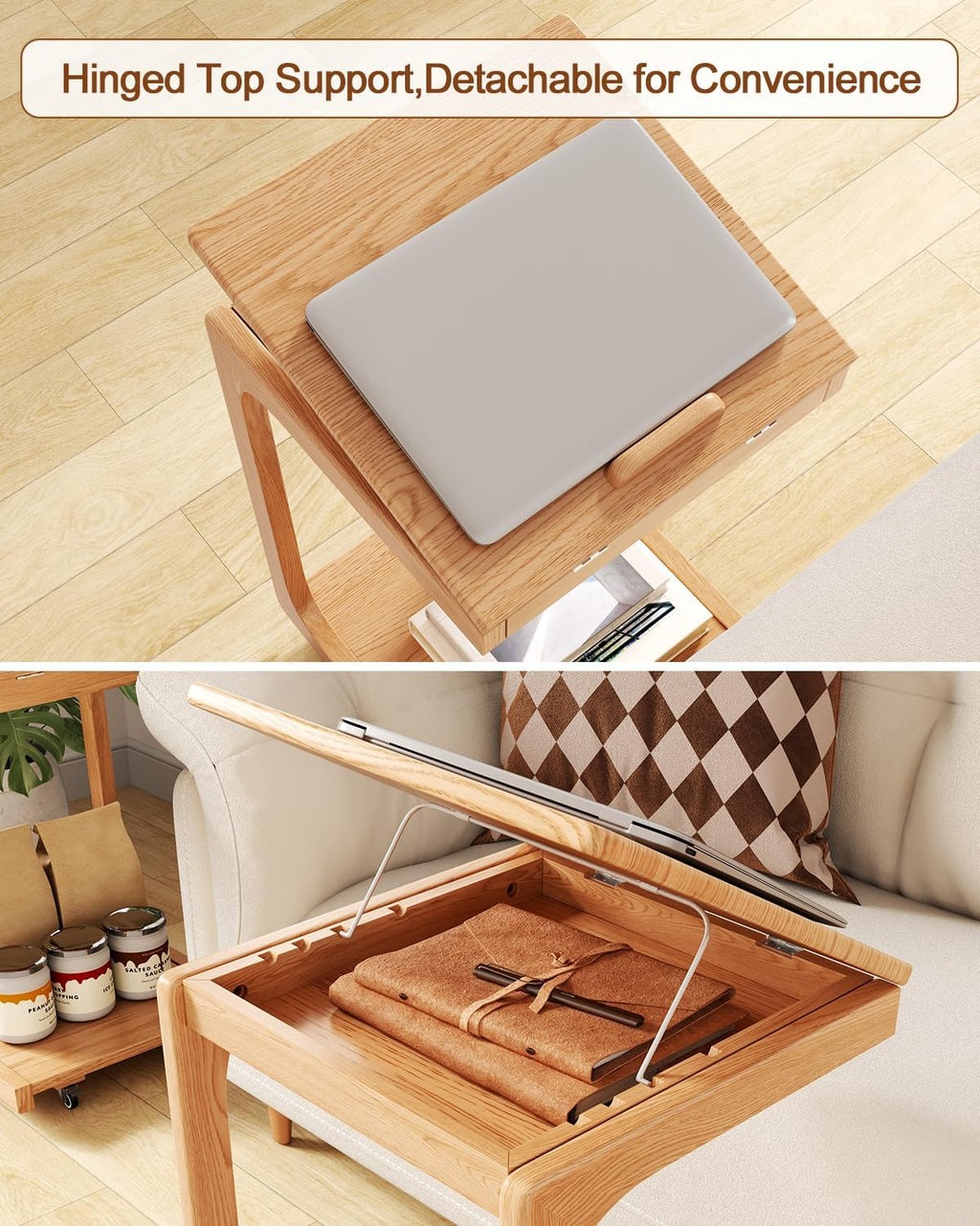 AQIMUELE Wooden C-Shaped End Table,Couch Table with Adjustable Desktop,Small Rolling Side Table with 2 Lockable Wheels,Small End Table for Couch, Living Room,Bedroom (Natural)