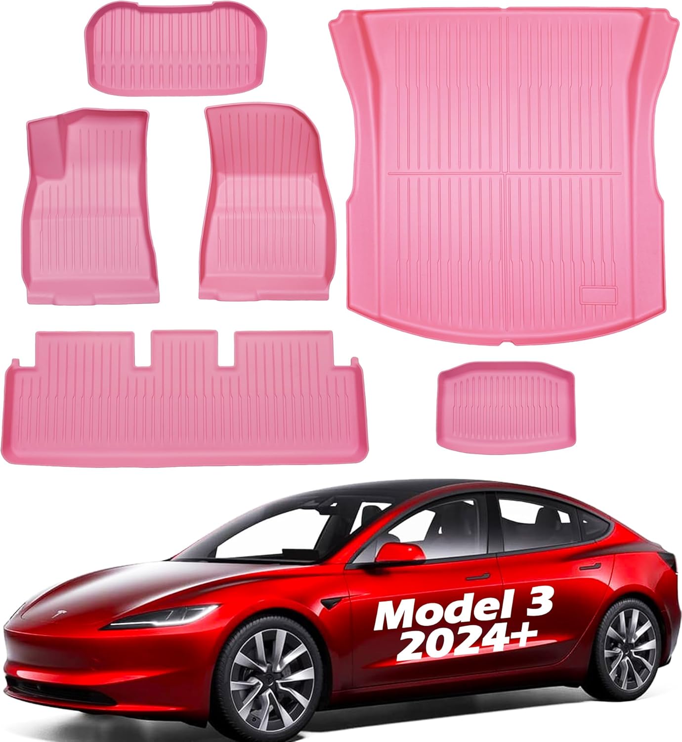 Floor Mats for 2026 2025 2024 Tesla Model 3 Highland All Weather TPE Full Set Cargo Liners Pink XPE Carpet Protector Durable Trunk Cover Car Mats Waterproof Matt Set Odorless Accessories