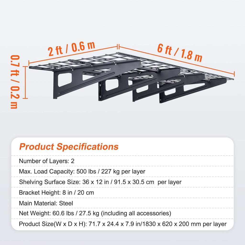 VEVOR 2 x 6 ft Garage Shelving Wall Mounted, 2 Pack Heavy Duty Wall Shelves 1000lbs Capacity, Garage Storage Rack Floating Shelves for Shop, Shed, Storage