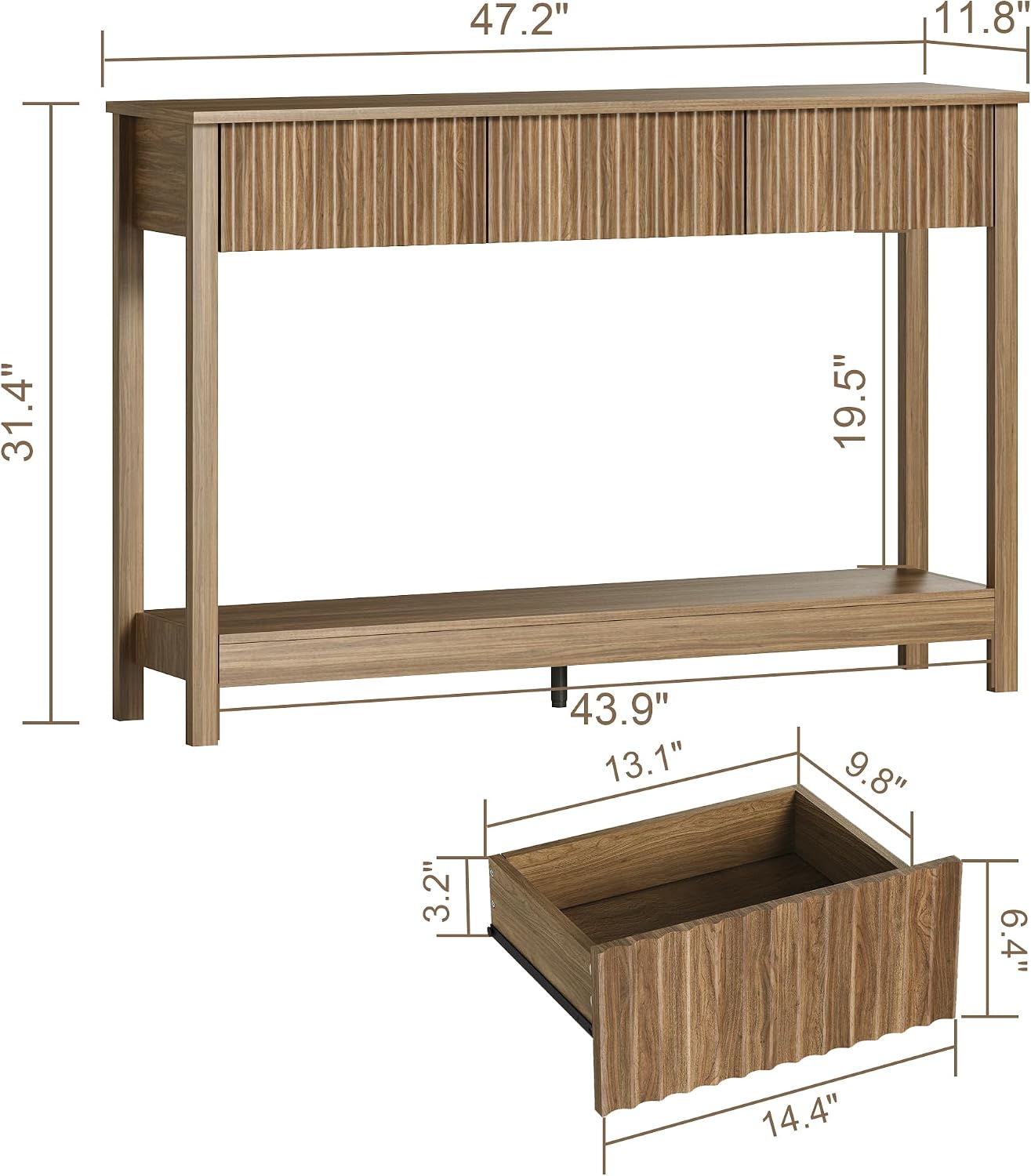 Treocho 47' Console Table with Drawers, Fluted Narrow Entryway Table with Open Shelf, Farmhouse Sofa Table Behind Couch for Hallway, Living Room, Brown