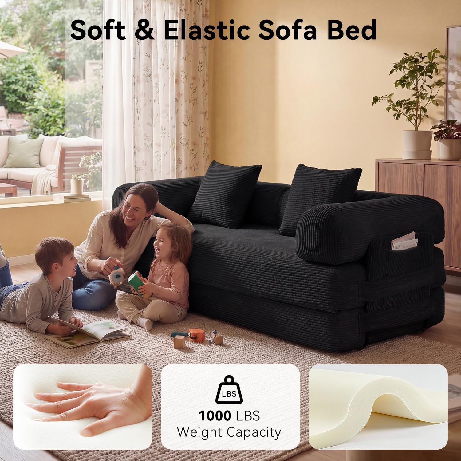 79' Sofa Bed Convertible Boneless Couch Corduroy Modular Couch Bed with Fixed-Shape Frame & Removable Armrests for Living Room, Bedroom (Black)