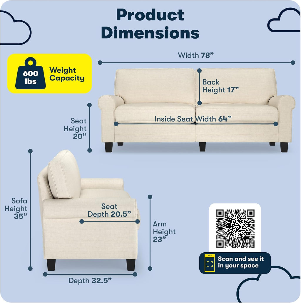 Serta Copenhagen 78' Rolled Arm Sofa, Easy Care Polyester, Soft Pillow Back, Pocket Coil Seat Cushions, Removable Covers, Loveseat or Couch for Small Spaces, Living Rooms or Bedrooms, Buttercream