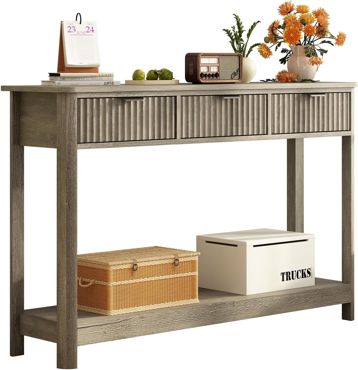 RUSTOWN Fluted Wood Console Table with 3 Drawers, 47.2' Modern Farmhouse Sofa Table & Entryway Table with Open Storage Shelf, Narrow Hallway Table for Living Room, Foyer and Hallway (Washed Oak)