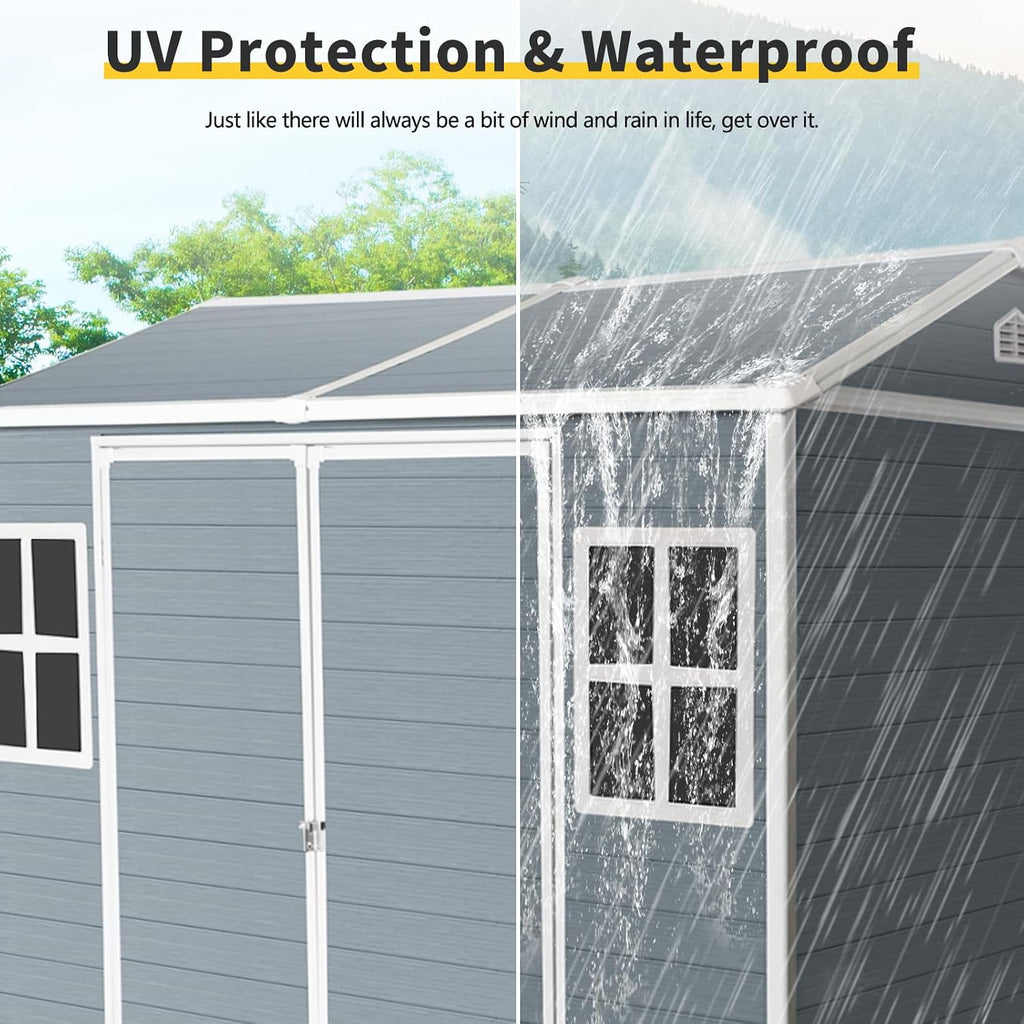 KEIKI 8x6 FT Outdoor Storage Shed Waterproof Resin Cabinet,Sloped Roof Polypropylene Frame with Two-Window and Double Lockable Door for Patio Furniture