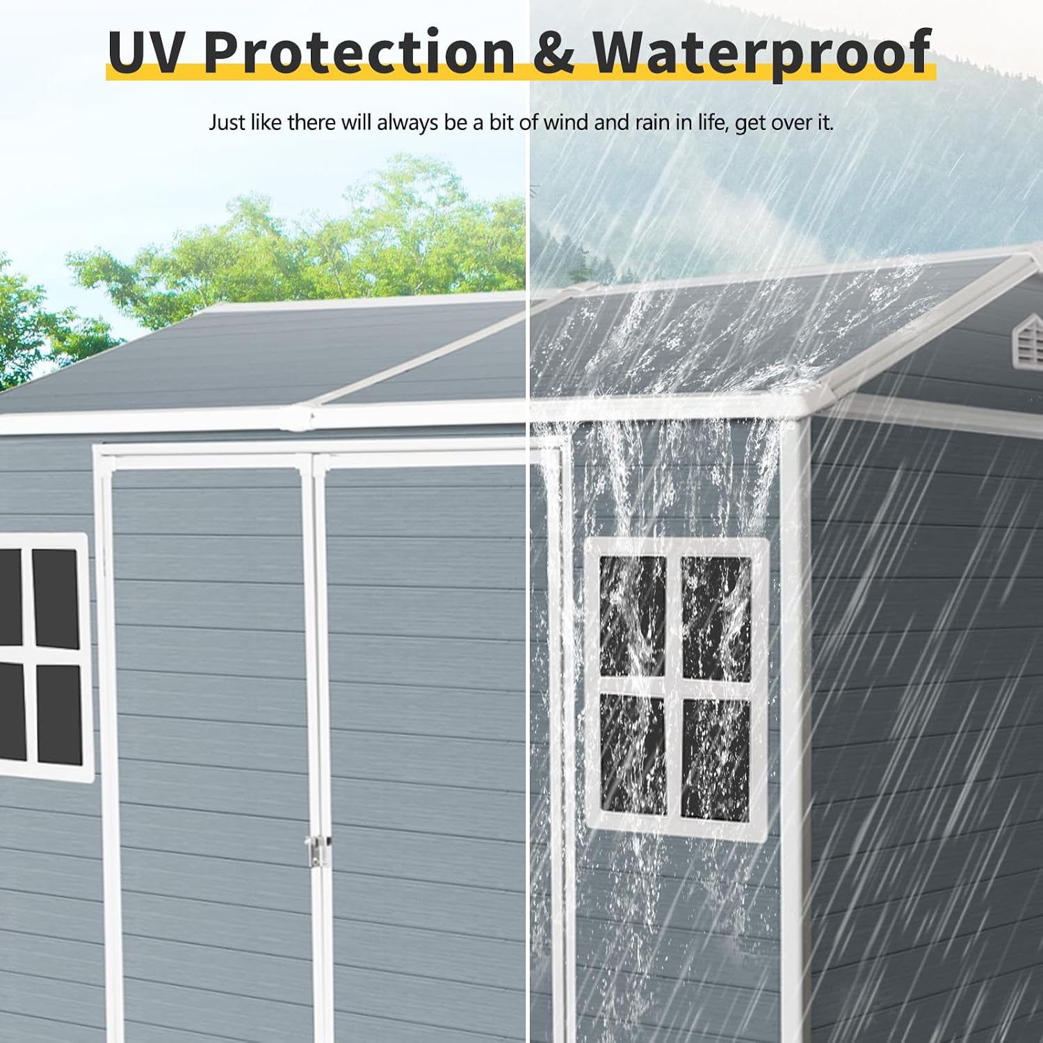 KEIKI 8x6 FT Outdoor Storage Shed Waterproof Resin Cabinet,Sloped Roof Polypropylene Frame with Two-Window and Double Lockable Door for Patio Furniture