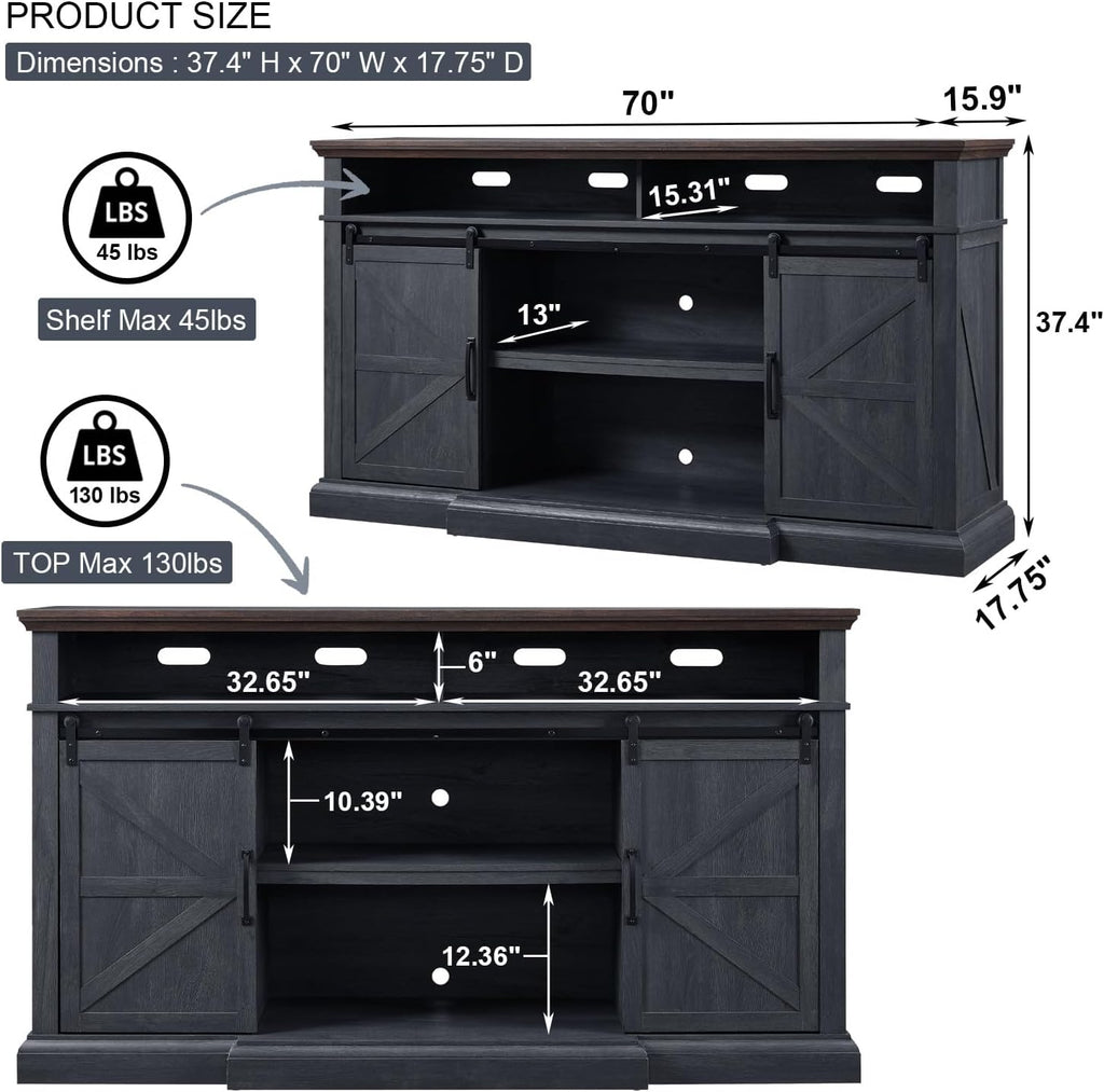 Farmhouse TV Stand for 80 Inch TVs, 37.4'Tall Entertainment Center w/Storage Cabinets and Sliding Barn Door, Media Console Cabinet w/Soundbar & Adjustable Shelves for Living Room, 70 inch (Dark Grey)