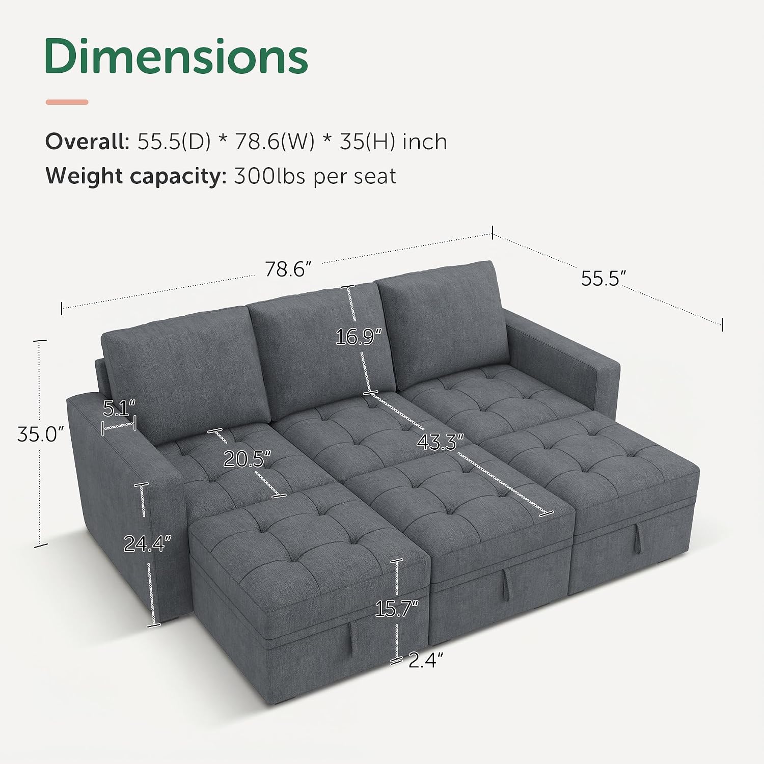 HONBAY Modular Sectional Sleeper Sofa, Sleeper Couch with Storage Seats Oversized Sectional Couches for Living RoomBluish Grey