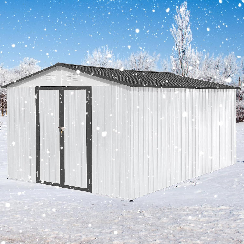 10X12 FT Outdoor Storage Shed, Galvanized Steel Garden Tools Shed with Hinged Door & Padlock, Large Storage Cabinets for Patio, Backyard, Lawn, Garden (White & Gray)
