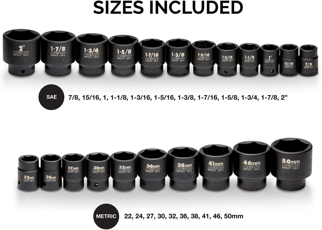 NEIKO 02499A 3/4-Inch-Drive Jumbo Master Impact Socket Set, SAE and Metric Shallow-Socket Tool Set, SAE 7/8' to 2' and Metric 26 to 38 mm, 27 Pieces