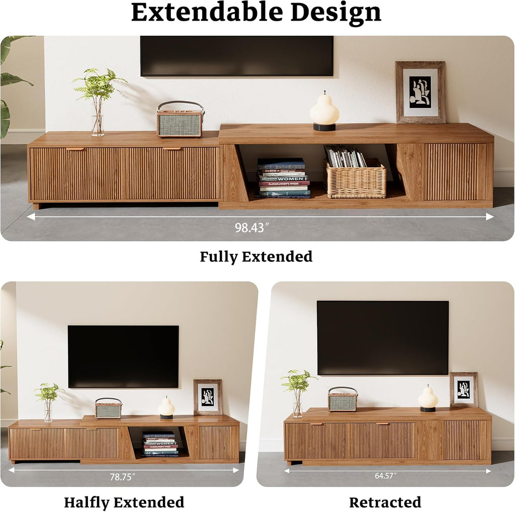 Epecoya 98 Inch Extendable TV Stands for Living Room, Wooden Extra Long TV Stand with Adjustable Shelf and Drawers, Fluted TV Console with Storage Cabinet, Warm Brown Oak (64.57' W-98.43' W)