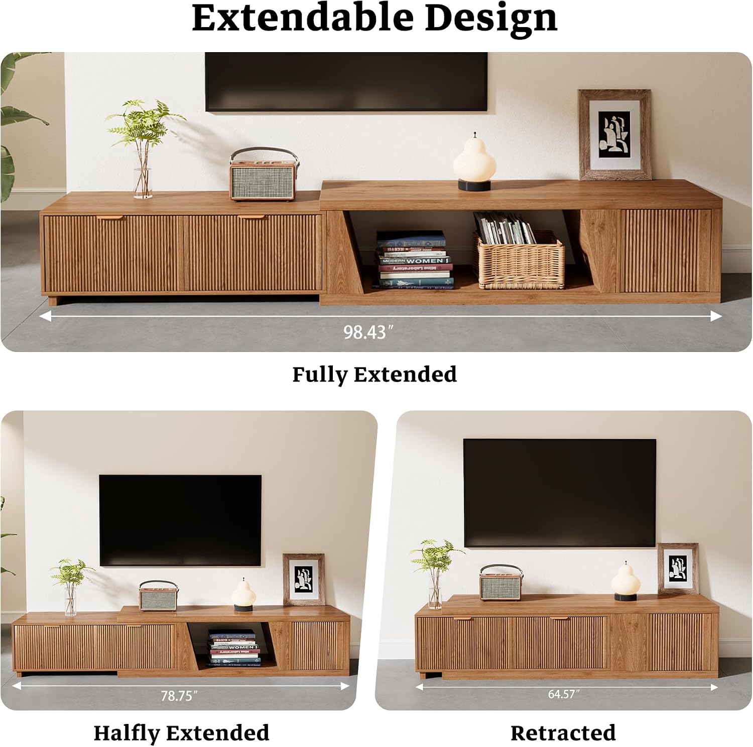 Epecoya 98 Inch Extendable TV Stands for Living Room, Wooden Extra Long TV Stand with Adjustable Shelf and Drawers, Fluted TV Console with Storage Cabinet, Warm Brown Oak (64.57' W-98.43' W)