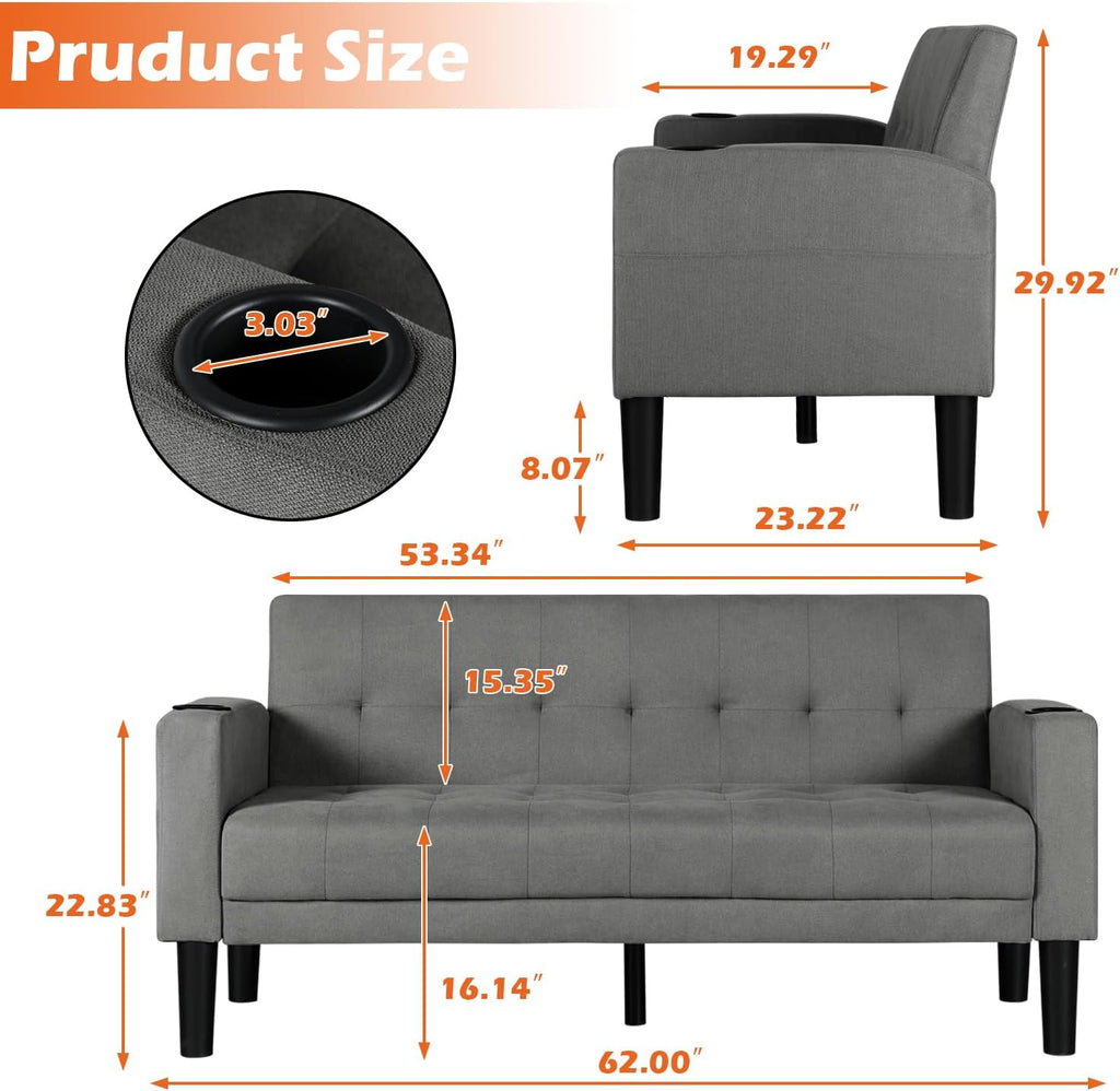 AILEEKISS 62' Loveseat Couches Upholstered Fabric Linen Love Seat Sofas Couch with 2 USB, Cup Holders, Side Pocket, Modern Tufted Sofa for Living Room, Office, Bedroom, Apartment (2-Seat, Dark Grey)