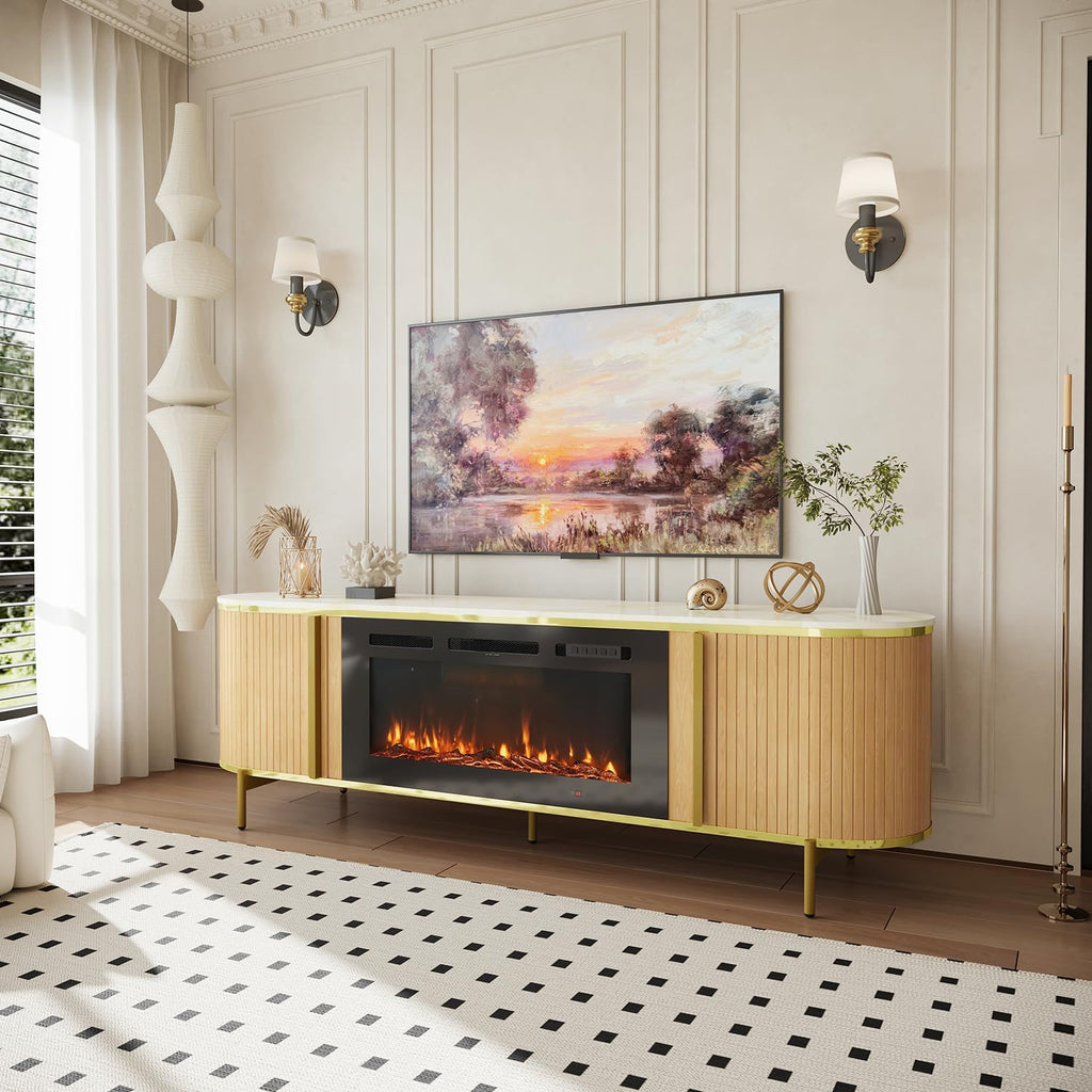 Luxury 70' Fluted TV Stand with Fireplace, Modern Chic Entertainment Center for TVs Up to 80', TV Console for Living Room, Media Cabinet with Storage,70 Inch, Oak