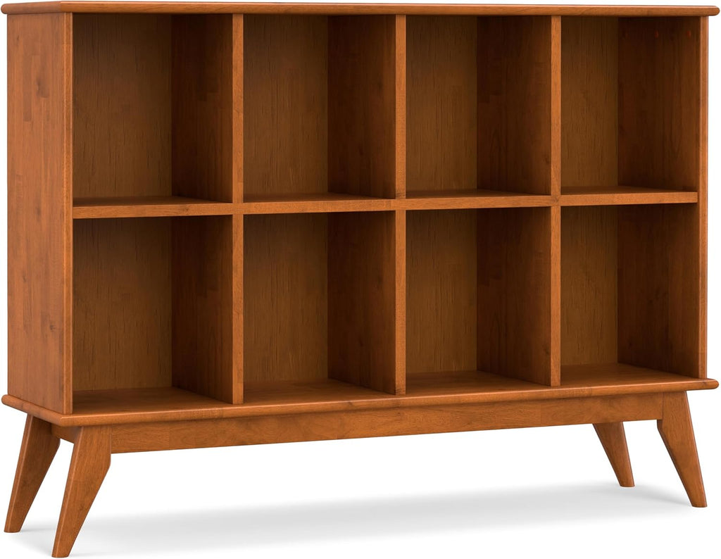 SIMPLIHOME Draper Console Table - 57 Inch Wide Solid Hardwood 8-Cube Sofa Table in Teak Brown, Mid-Century Modern Bookcase for Entryway or Living Room with 8 Open Storage Cubbies and Tapered Legs