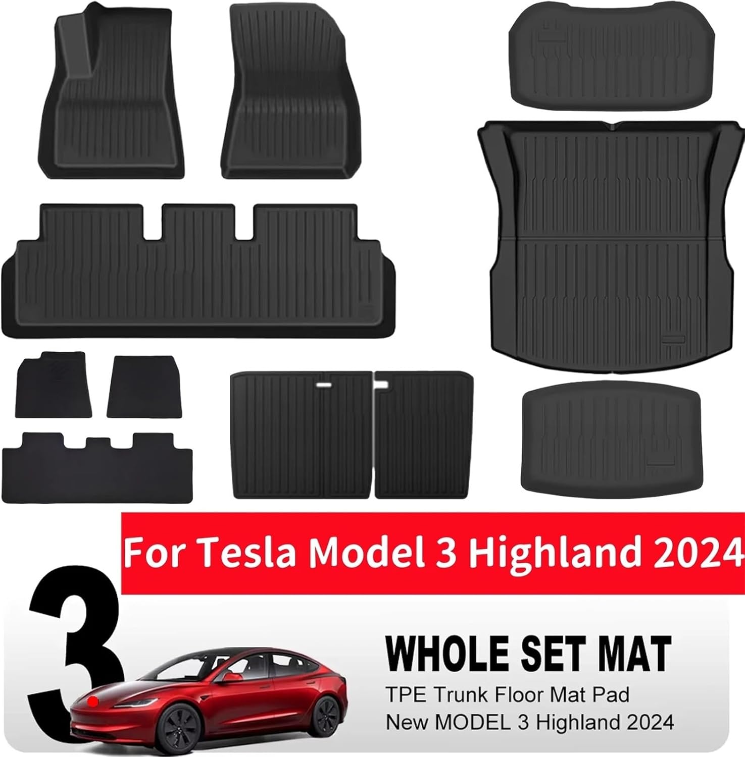 for Tesla Model 3 2024 Highland Floor Mats Cargo Liner Waterproof Anti-Slip Trunk Mat TPE Pads Accessories(11PCS Full Set,Right Hand Drive)