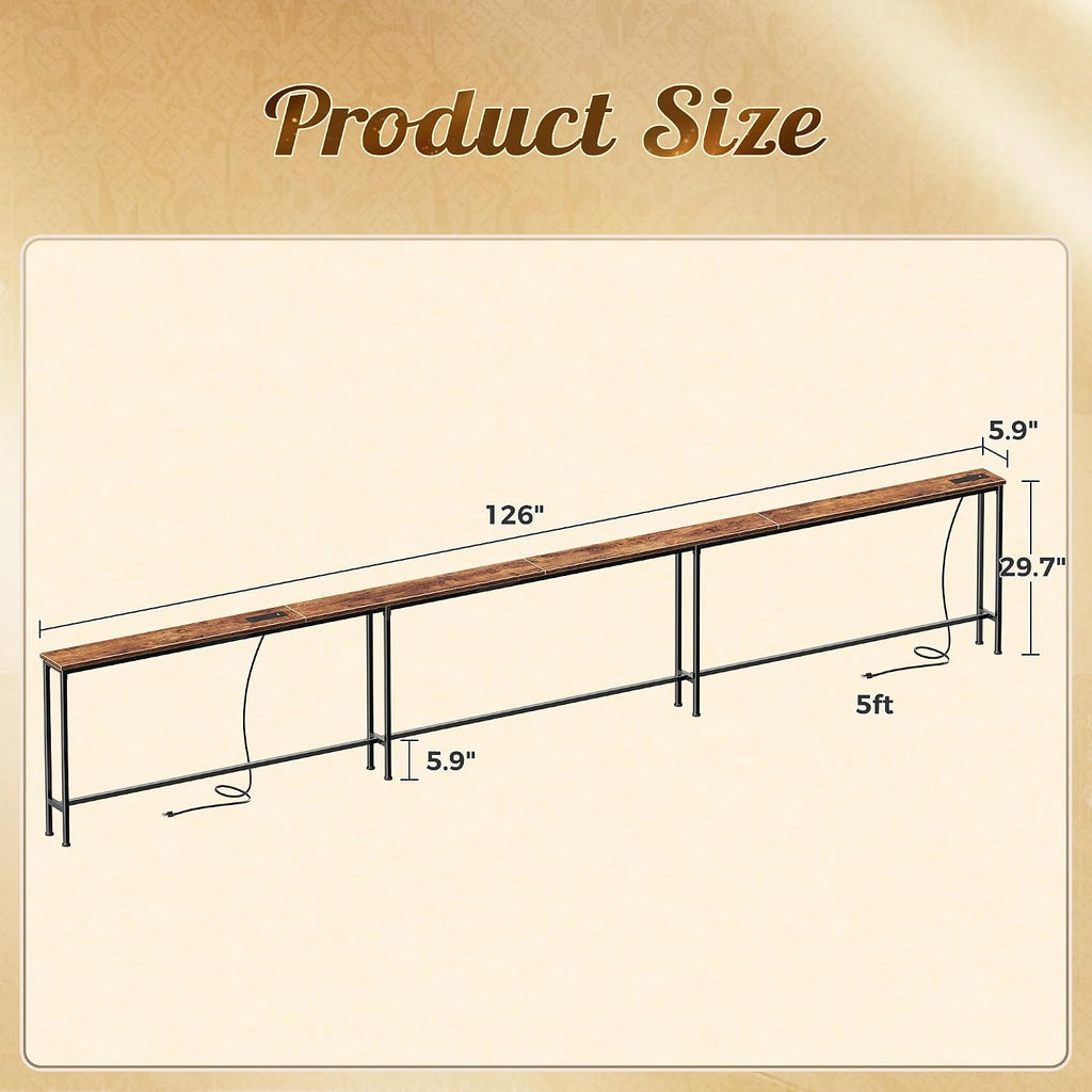 Huuger 126 Inch Sofa Table with Power Outlets and USB-C Ports, 5.9 Inch Narrow Entryway Table, Behind Couch Table with Storage, Extra-Long Console Table, Living Room, Rusitc Brown