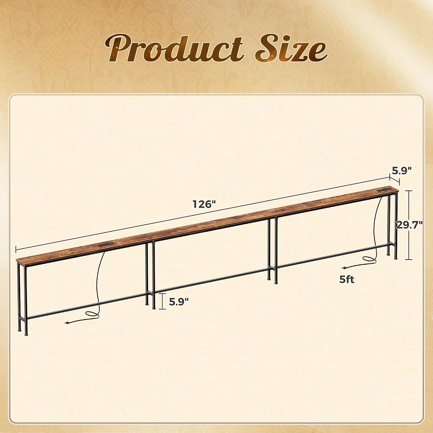 Huuger 126 Inch Sofa Table with Power Outlets and USB-C Ports, 5.9 Inch Narrow Entryway Table, Behind Couch Table with Storage, Extra-Long Console Table, Living Room, Rusitc Brown