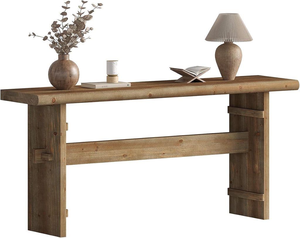 TRIBEWOOD 63-Inch Solid Wood Console Table for Entryway, Narrow Long Farmhouse Sofa Table Behind Couch, for Foyer, Hallway, Living Room, Easy Asswmbly, Brown Greige