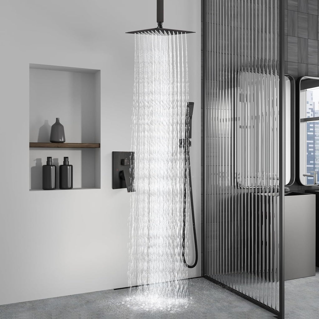 Aolemi Ceiling Mount Shower System Rain Shower Head with Handheld Spray High Pressure Shower Faucet Set Rough-in Valve Shower Trim Kit Included Bathroom Oil Rubbed Bronze 10 Inch Ceiling Shower Head