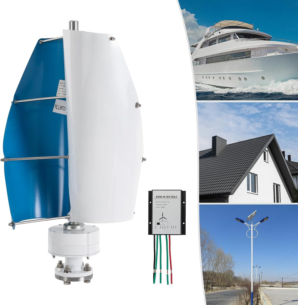 Wind Turbine, 100W 12V Vertical Axis Wind Turbine Generator Controller Wind Generator Kit Wind Turbine Machine Wind Power Generator Wind Power Tool for Home, Business, Boats, Gazebos (White and Blue)
