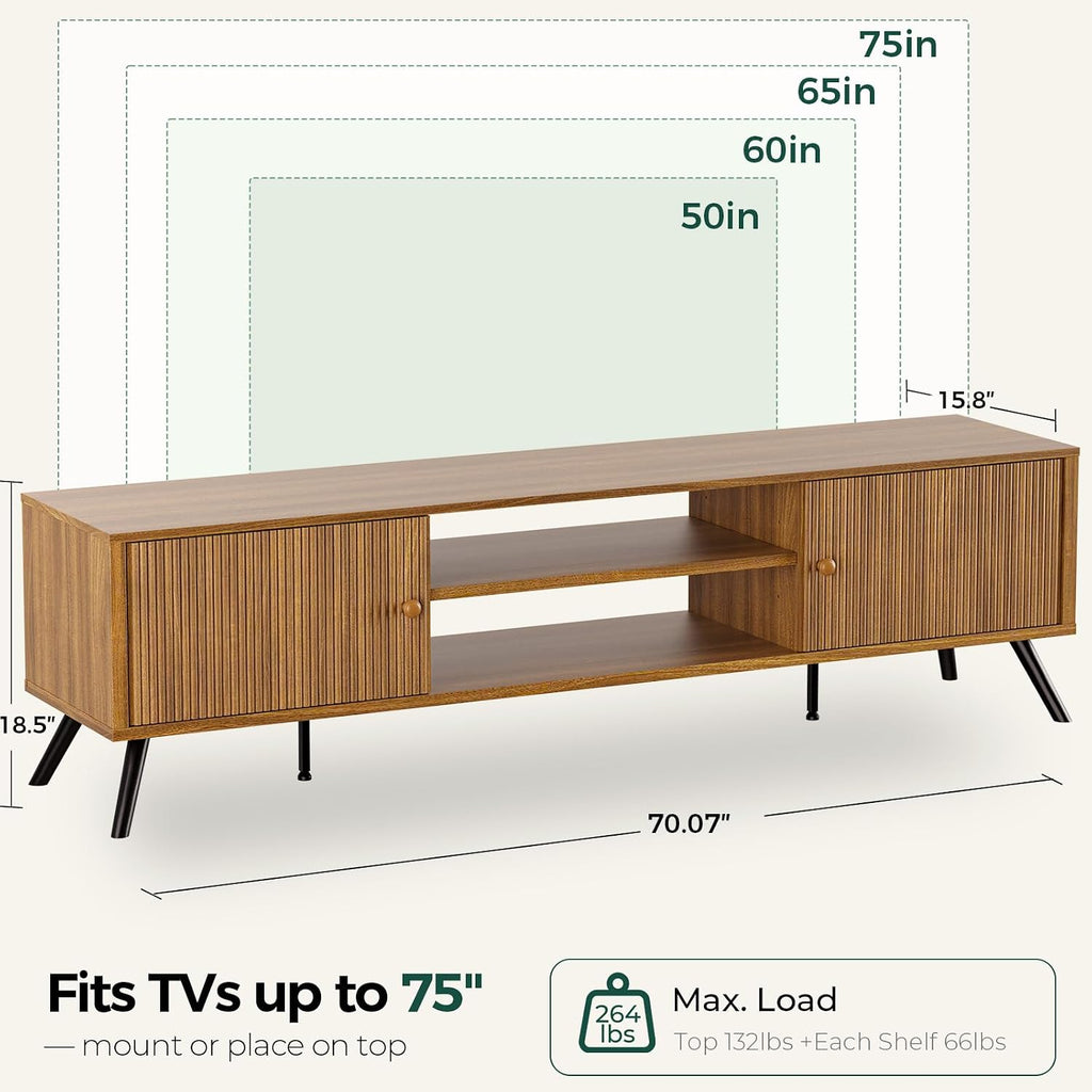 COMHOMA TV Stand for Living Room, Mid Century Modern Entertainment Center for 65/70/75 Inch TVs, Retro Brown TV Console with Fluted Door Cabinets and Open Adjustable Shelve Storage for Bedroom