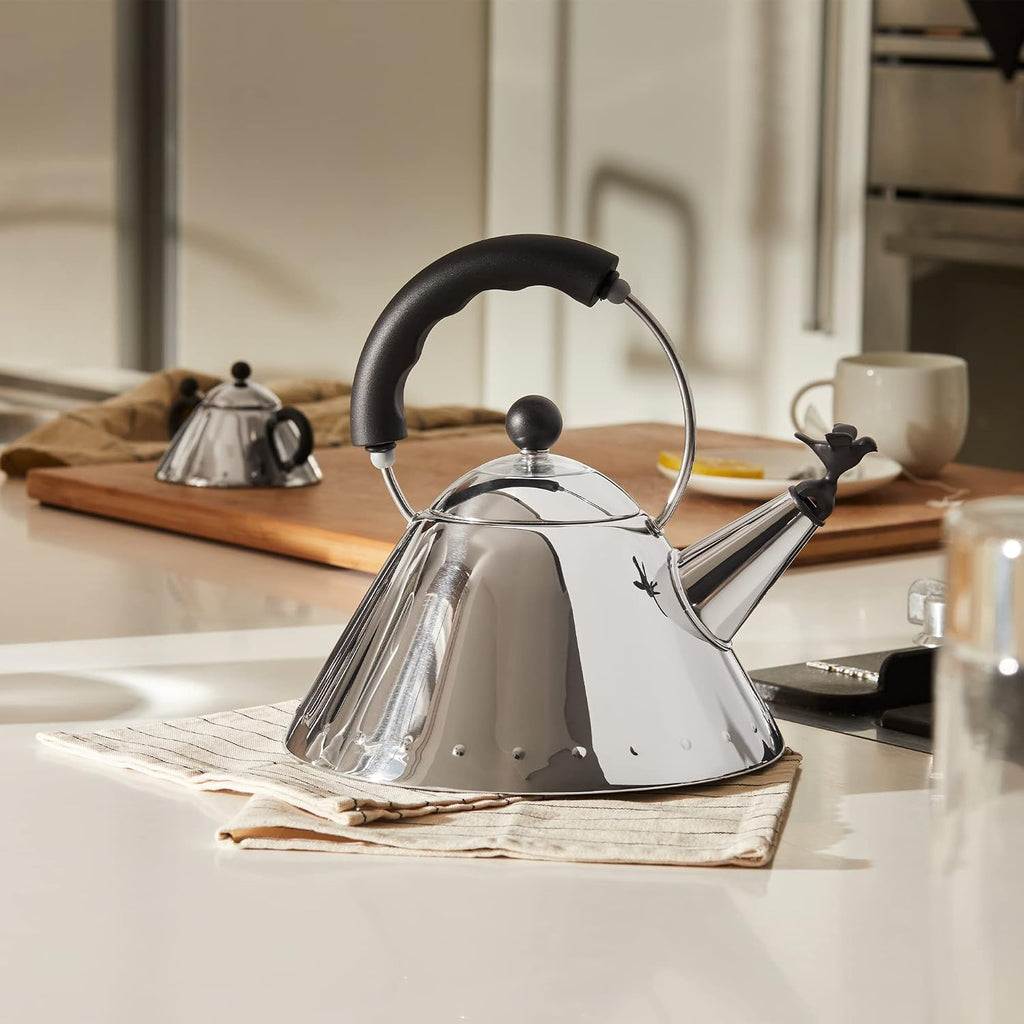 Alessi 9093 B - Design Kettle with Handle and Bird-Shaped Whistle, Stainless Steel and PA, Black