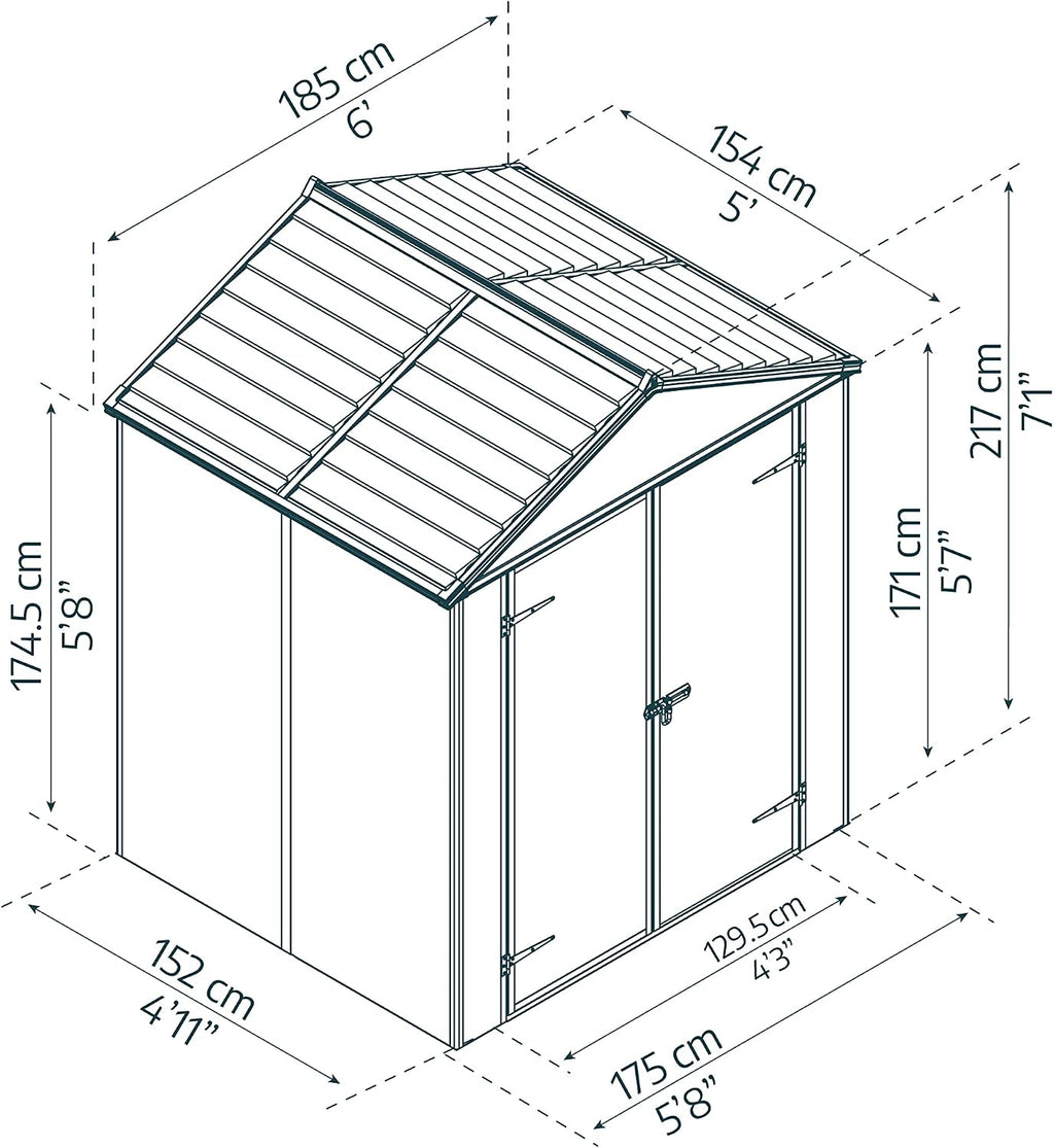 Palram - Canopia Rubicon Storage Shed, 6'x 5' DIY Backyard Shed, Gray Polycarbonate Panels and Aluminum Frame, Sheds & Outdoor Storage for Lawn Mower, Bike, Garden Tools, Outdoor Storage Box Shed