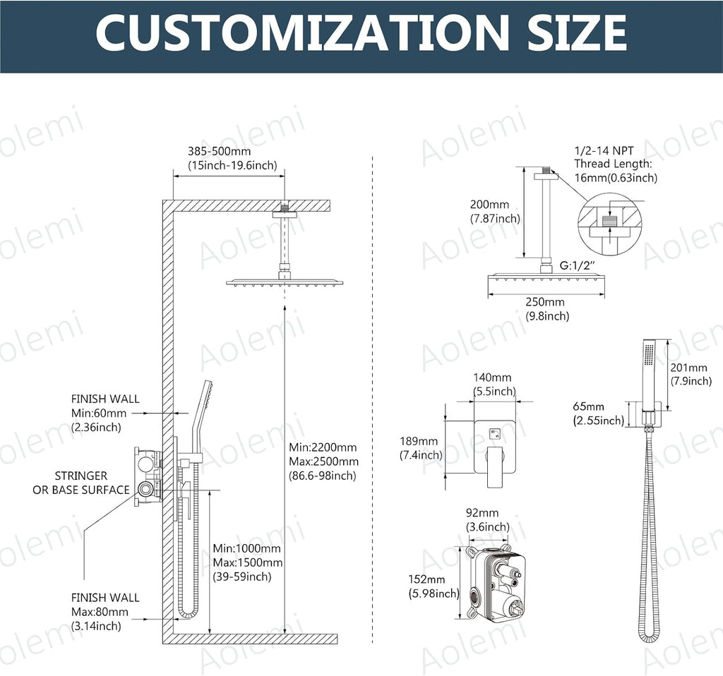 Aolemi Ceiling Mount Shower System Rain Shower Head with Handheld Spray High Pressure Shower Faucet Set Rough-in Valve Shower Trim Kit Included Bathroom Brushed Nickel 10 Inch Ceiling Shower Head