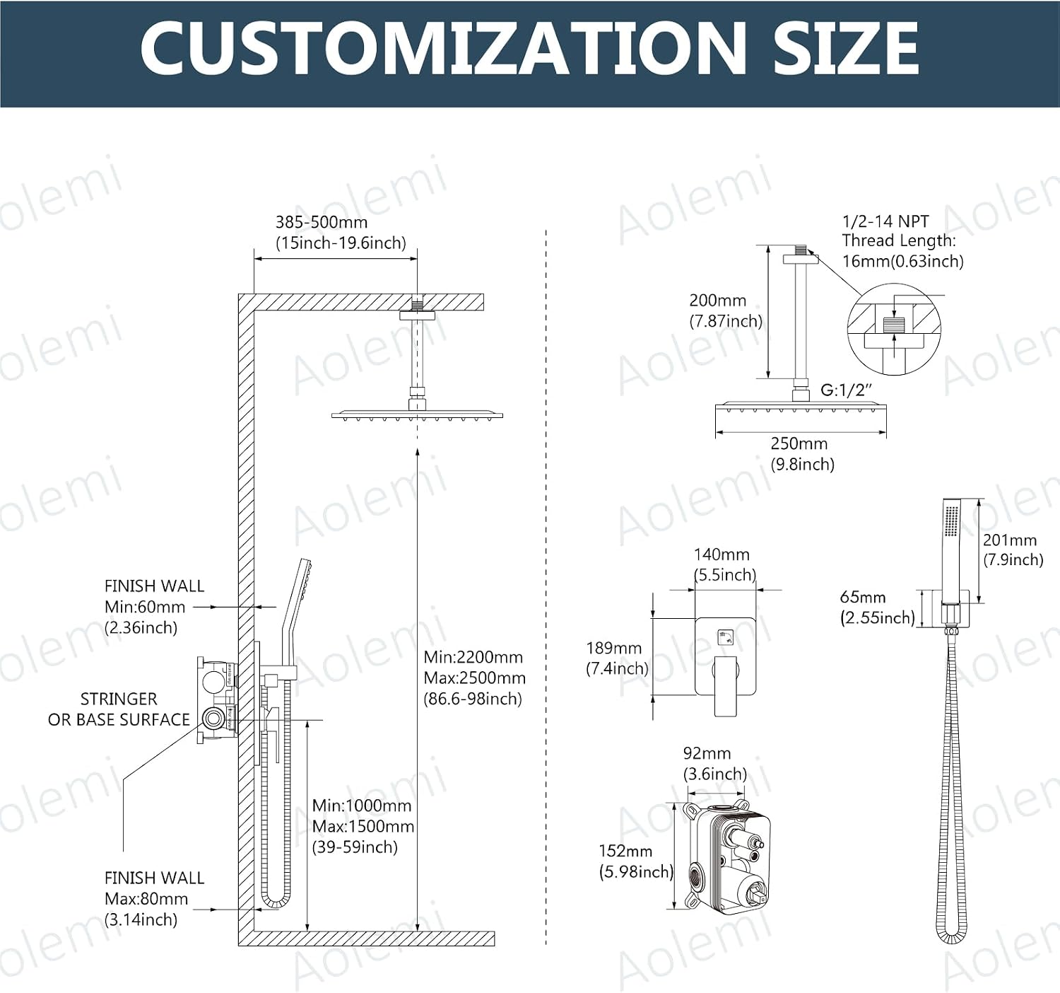 Aolemi Ceiling Mount Shower System Rain Shower Head with Handheld Spray High Pressure Shower Faucet Set Rough-in Valve Shower Trim Kit Included Bathroom Brushed Nickel 10 Inch Ceiling Shower Head