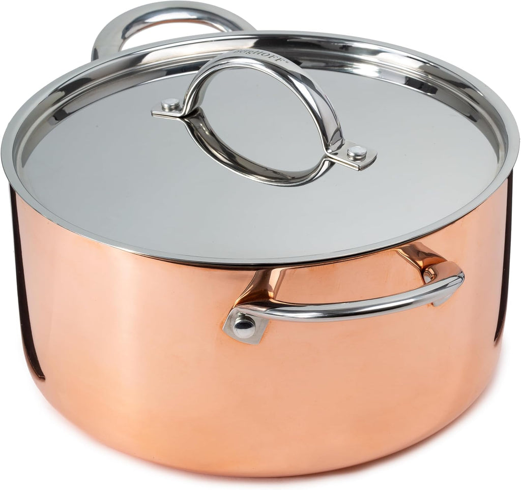 BergHOFF Vintage 15Pc Tri-Ply Copper Cookware Set With Stainless Steel Lids, 10Pc 18/10 Stainless Steel Pots and Pans and 5Pc Bamboo Utensil Set Long Ergonomic Shaped Handle 3-layer Base, Polished