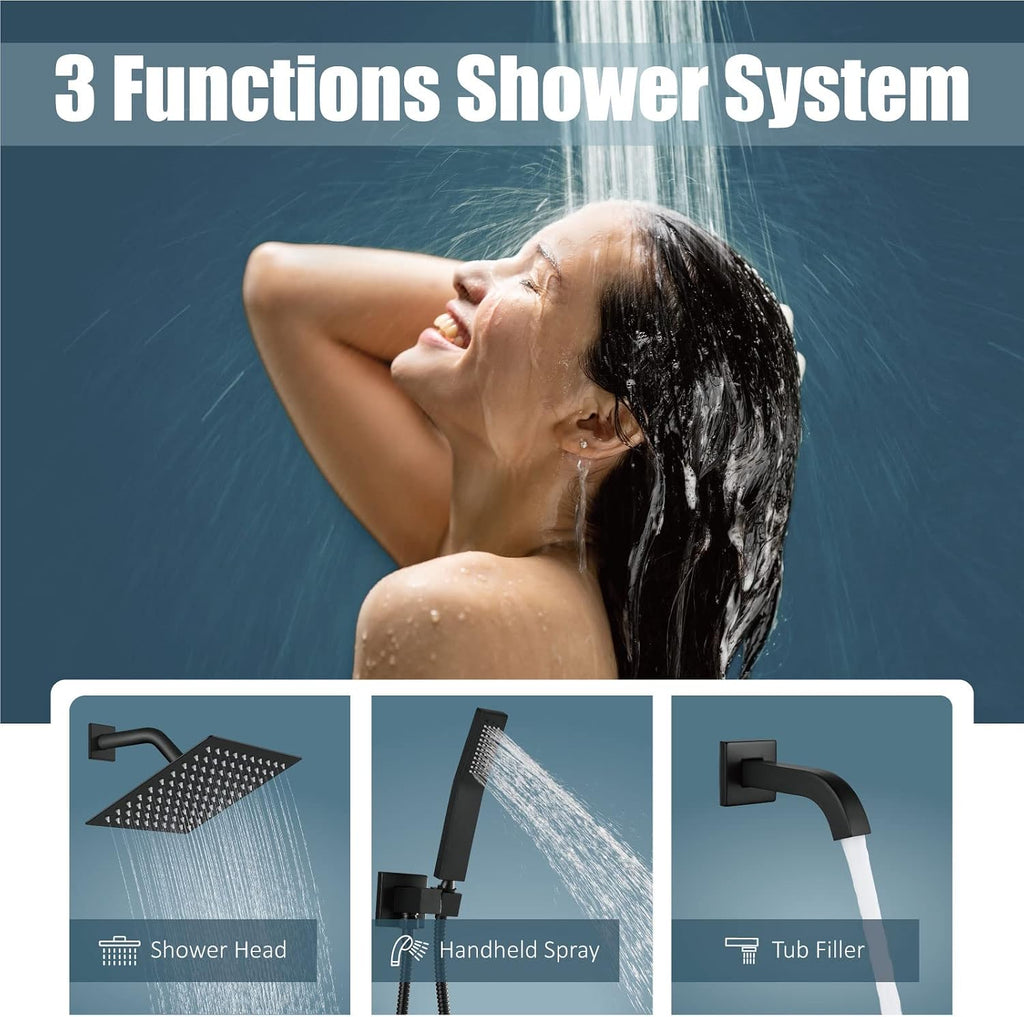 Aolemi Rainfall Shower System Shower Head Combo Set with Tub Filler Handheld Shower Luxury Rough-in Valve Included Wall Mount Bathroom Shower Mixer Faucet 8 Inch Shower Head Matte Black