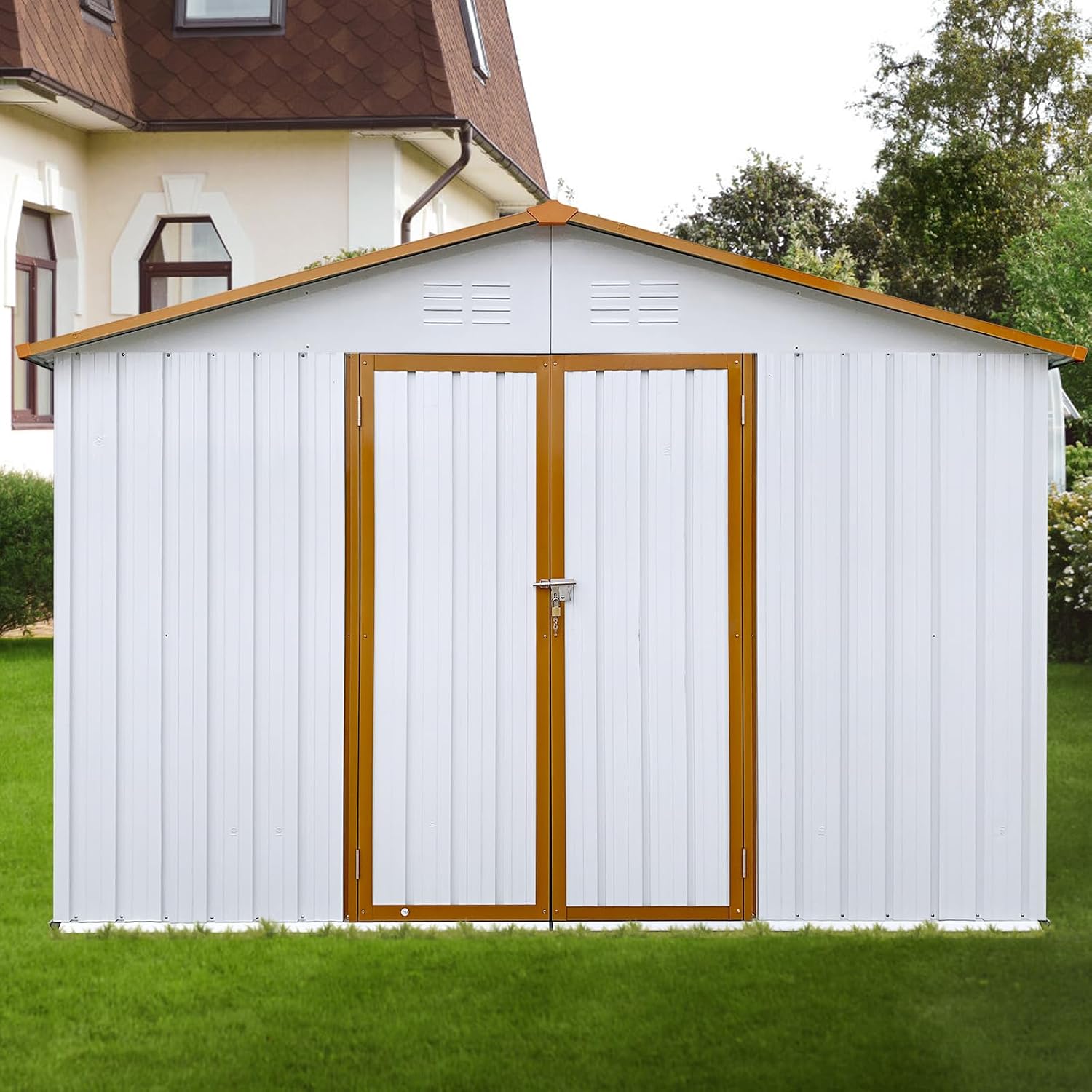 12' x 10' Metal Garden Storage Shed – Heavy-Duty Galvanized Steel with Roof, Hinged Door & Padlock | All-Weather Outdoor Shed with Punched Vents (Easy Assembly, Detailed Instructions) (White)
