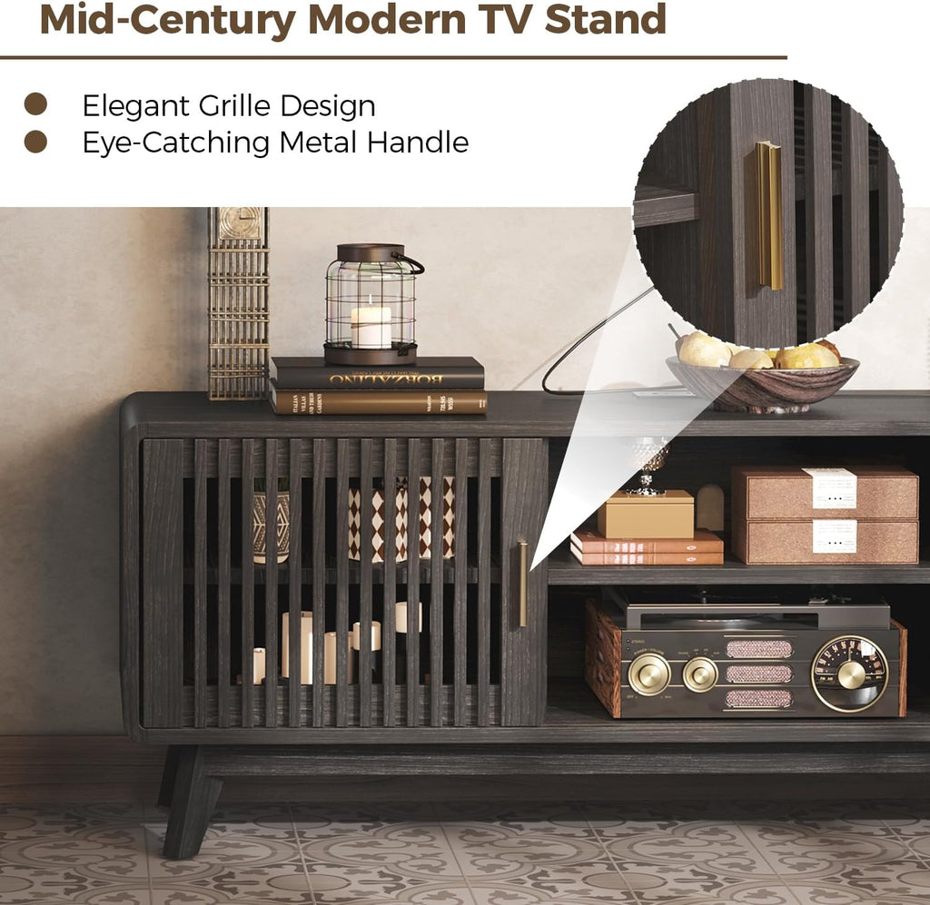 IRONCK Modern TV Stand for 70 inch TV, Entertainment Center with Storage and 2 Sliding Doors, Adjustable Shelves, TV Console with Charging Station for Bedroom, Living Room (Grey Walnut)
